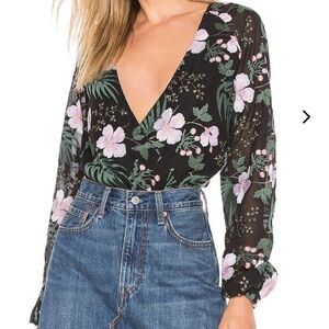 Lovers & Friends Layla Bodysuit Floral Embroidered Size Small Black Pink